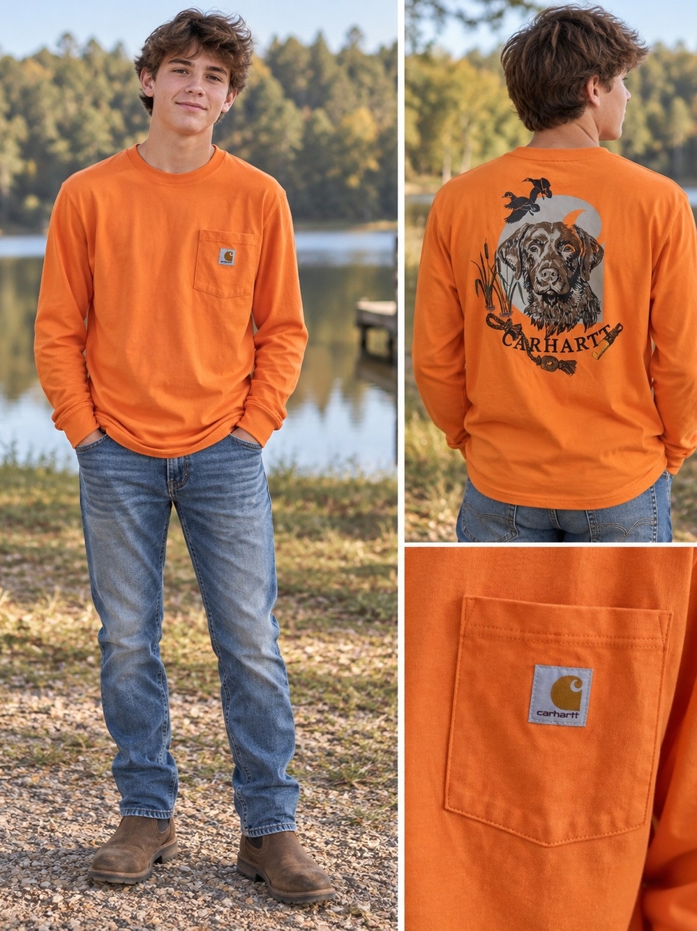 Carhartt Boys 18-20 Size Orange Long-Sleeve Pocket Graphic T-Shirt
